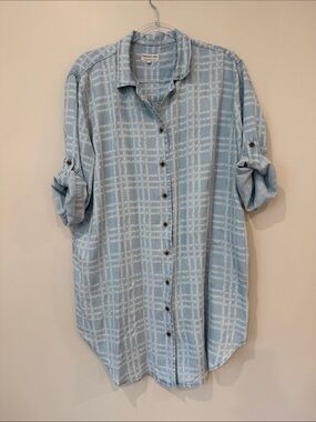 Paradise Now Blue Plaid Pikake Palaka ShirtDress Button-Up Mini Dress Tencel